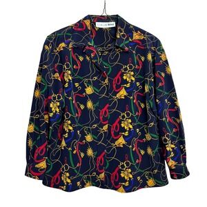Chaus Woman 16W Vintage 90s Equestrian Baroque Print Blouse Gold Chain Pattern